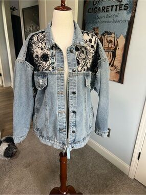 Denim Jacket with Black Lace Panel - Women's Light Blue Jean Jacket